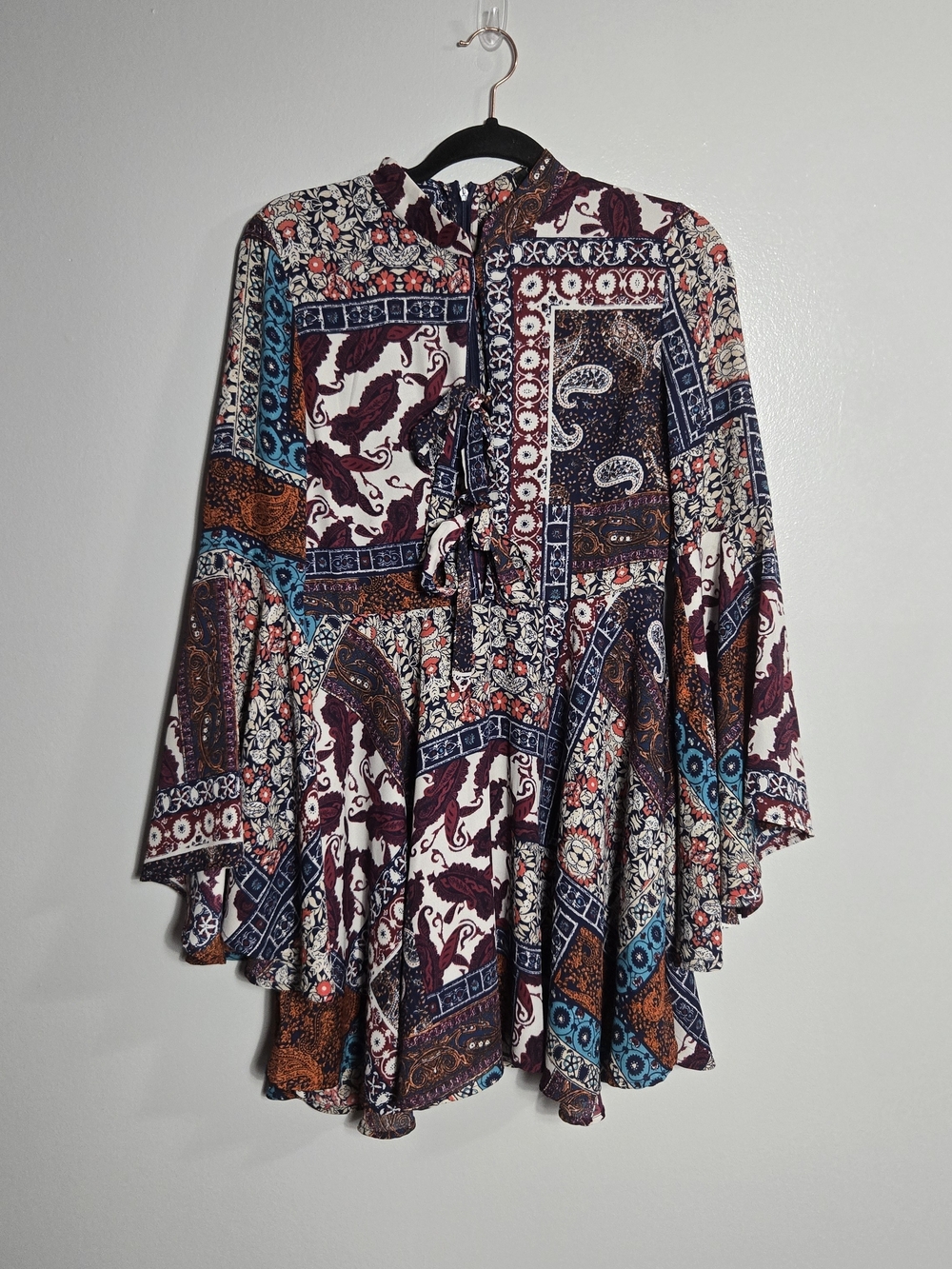 Romeo & Juliet Couture Paisley Patchwork Mock Neck Bell Sleeve Mini Dress Size S